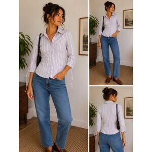 DCC Y2K Lavender Striped Fitted Blouse Petite M Ruched Sleeve Office Siren